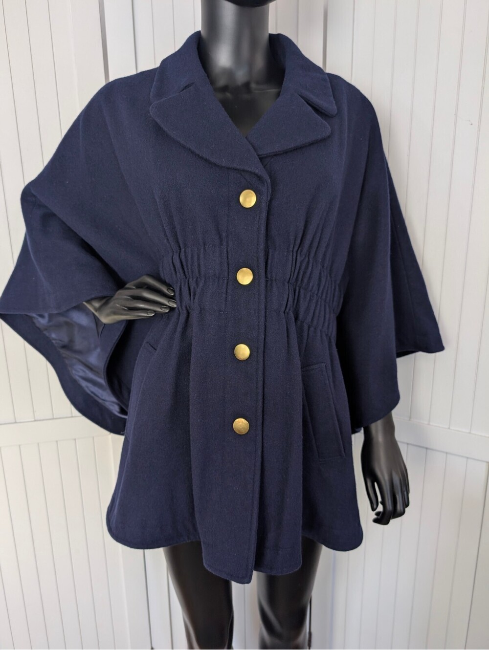 Hilary Radley Cape Coat L Navy Wool Blend Gold Button Poncho Jacket Pockets